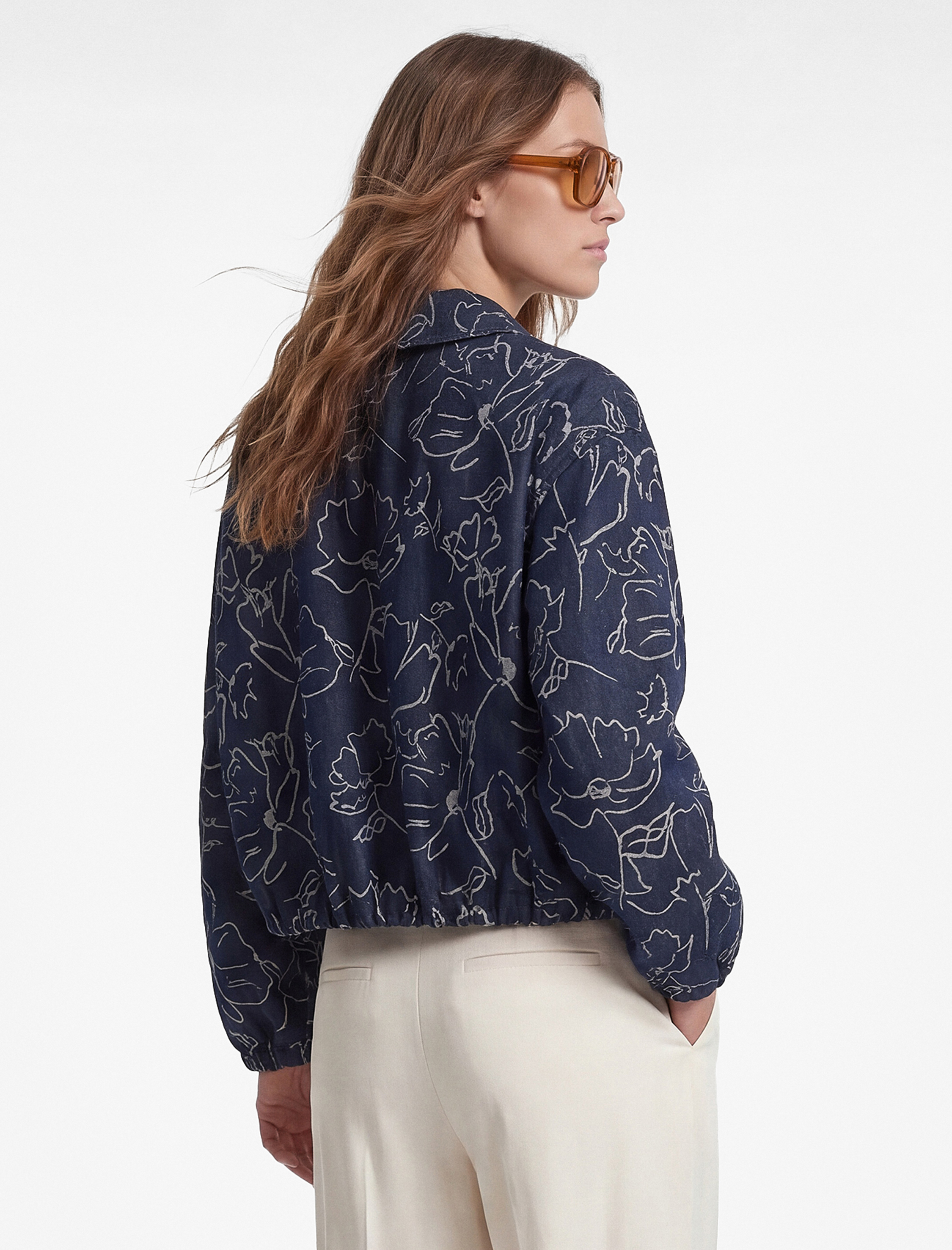   Uzun Kollu Fermuarlı Cepli Çiçek Desenli Bomber Ceket