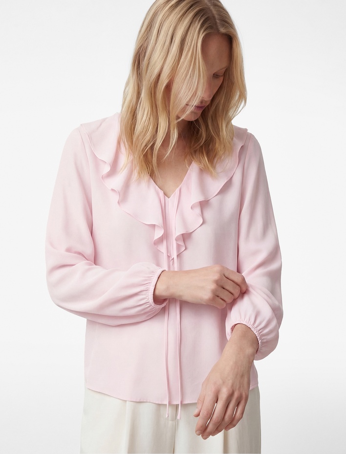  İpli Volan Detaylı Uzun Kollu V Yaka Bluz