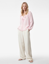 İpli Volan Detaylı Uzun Kollu V Yaka Bluz