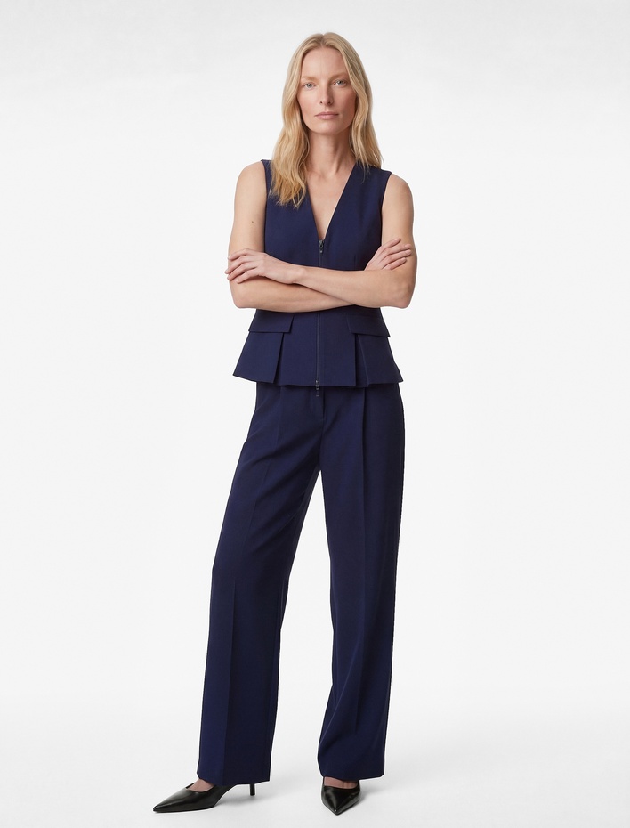  Cep Detaylı Fermuarlı Kolsuz V Yaka Peplum Yelek