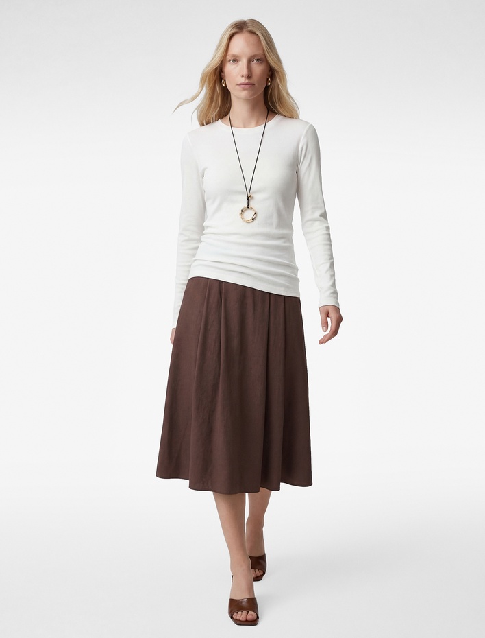  Rahat Kalıp Modal Kumaş Cepli Pileli Midi Kloş Etek