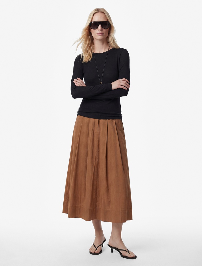  Modal Kumaş Cepli Pileli Çizgili Midi Kloş Etek