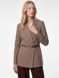 Kruvaze Yaka Uzun Kollu Kemerli Blazer Ceket