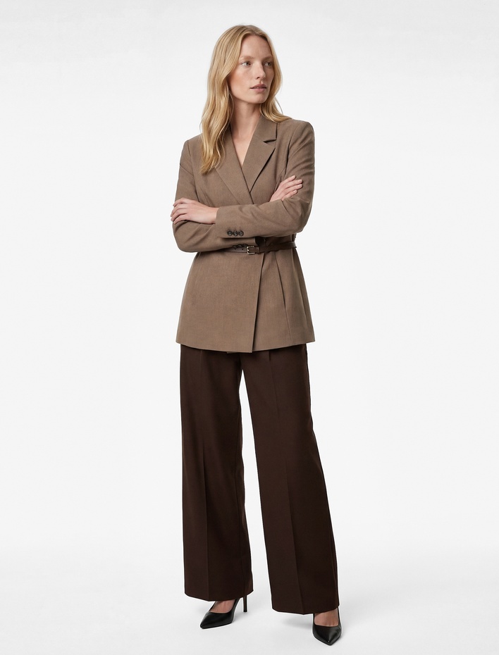  Kruvaze Yaka Uzun Kollu Kemerli Blazer Ceket