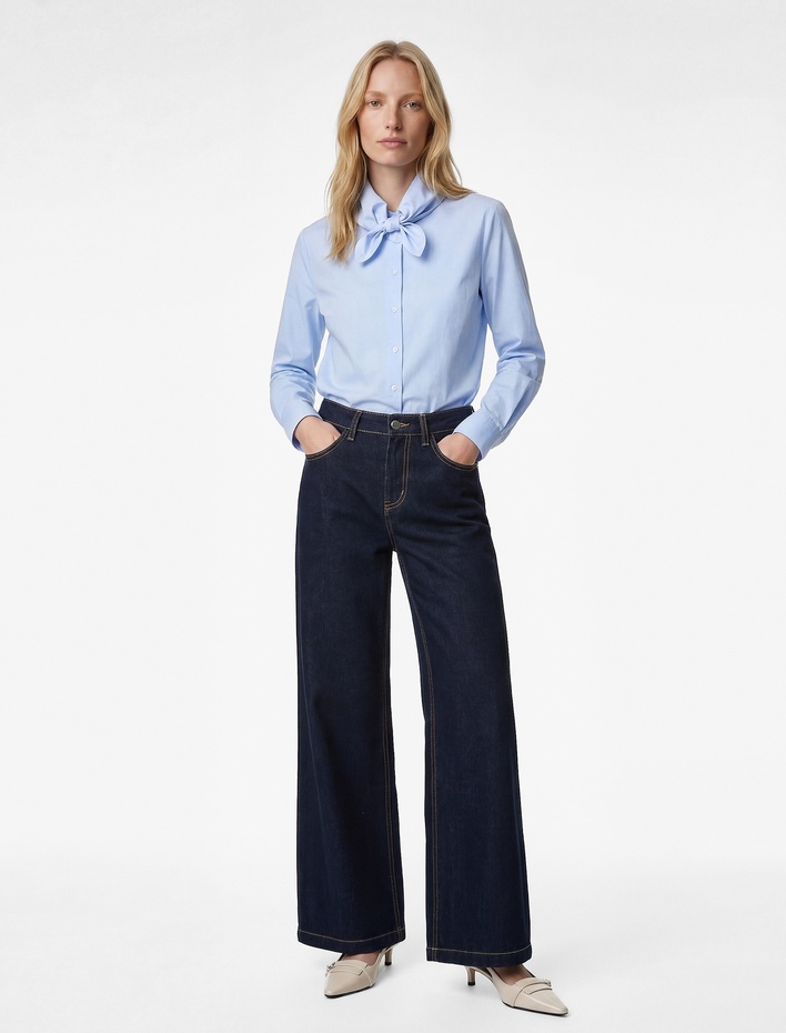  Fiyonk Detaylı Düğmeli Uzun Kollu Fular Yaka Poplin Oversize Gömlek