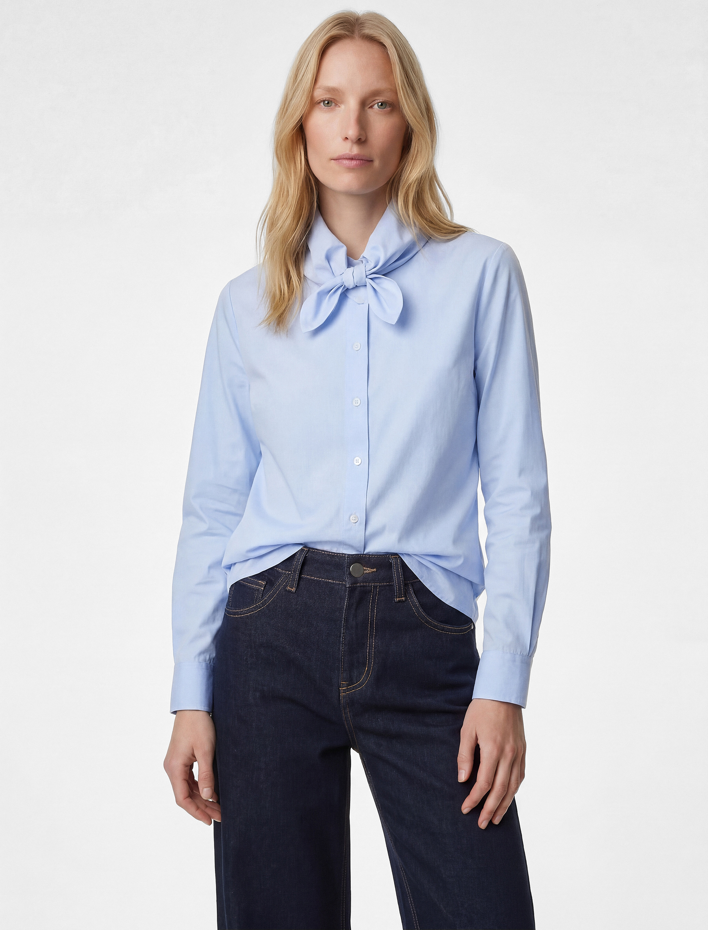 Fiyonk Detaylı Düğmeli Uzun Kollu Fular Yaka Poplin Oversize Gömlek - Görsel 2