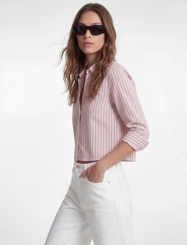  Uzun Kollu Çizgili Oversize Poplin Crop Gömlek