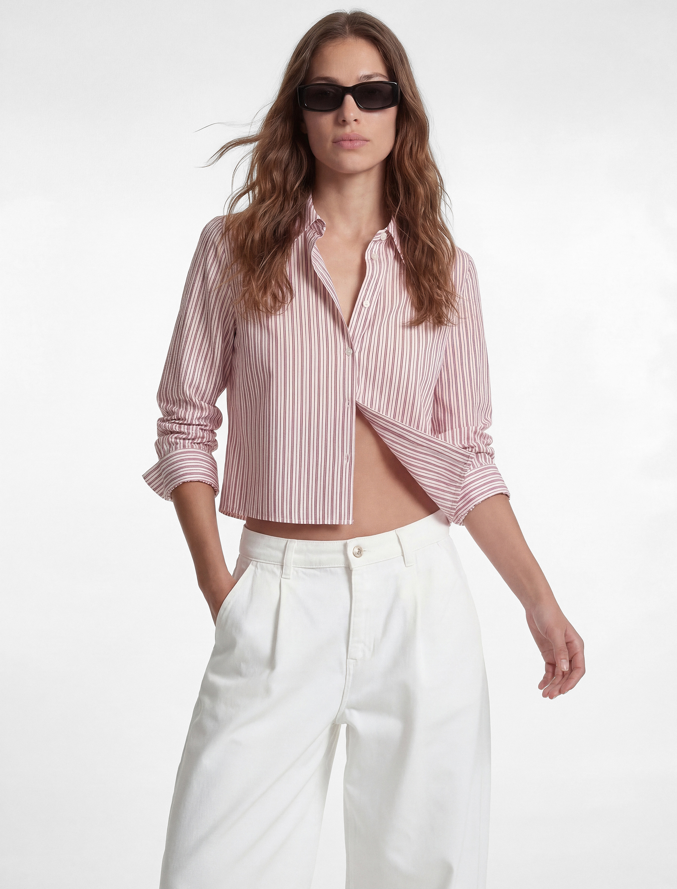 Uzun Kollu Çizgili Oversize Poplin Crop Gömlek - Görsel 2