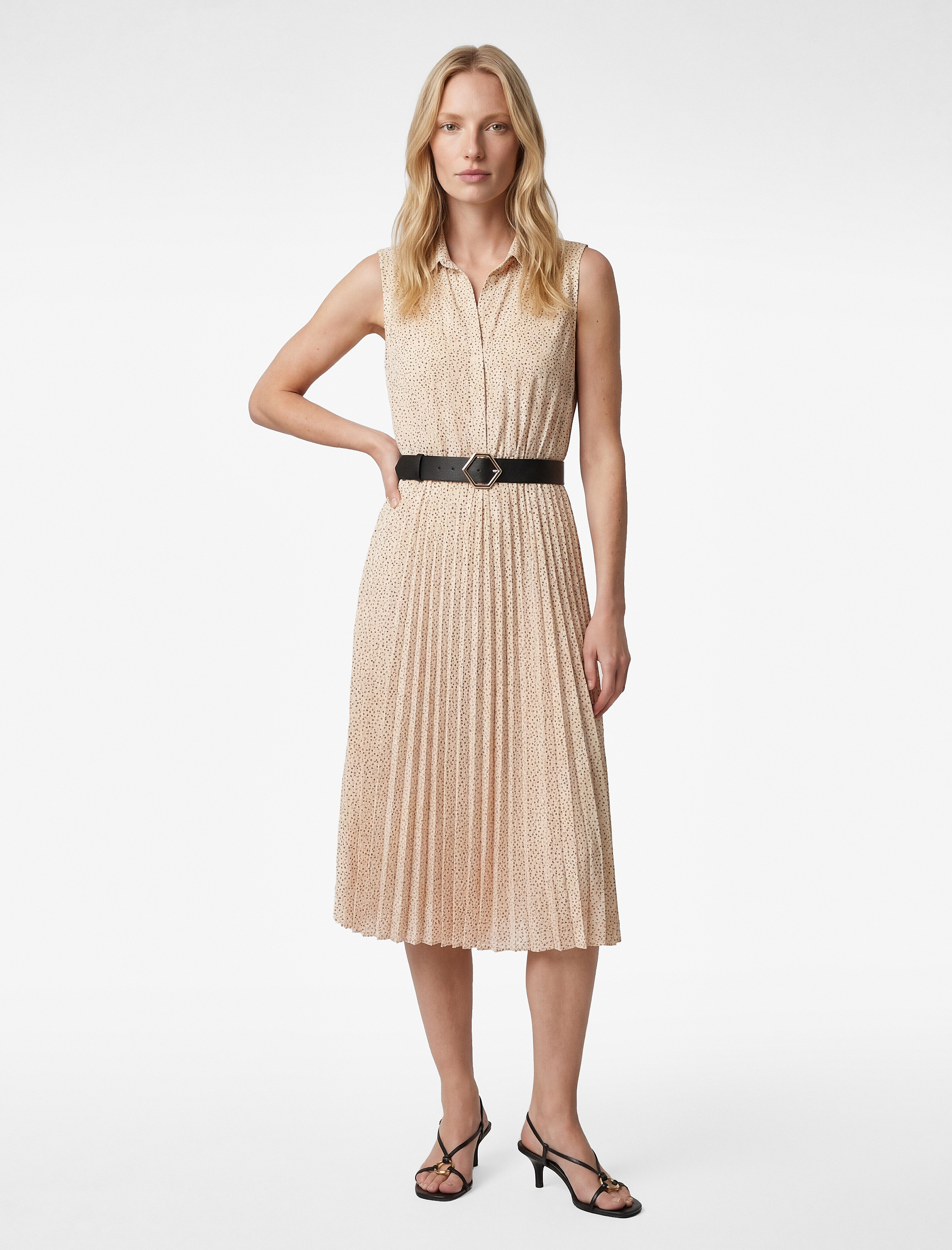 Şifon Kolsuz Kemerli Midi Puantiyeli Pileli Gömlek Elbise