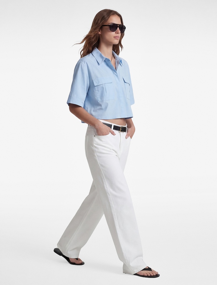  Pamuklu Kargo Cep Detaylı Kısa Kollu Oversize Crop Gömlek