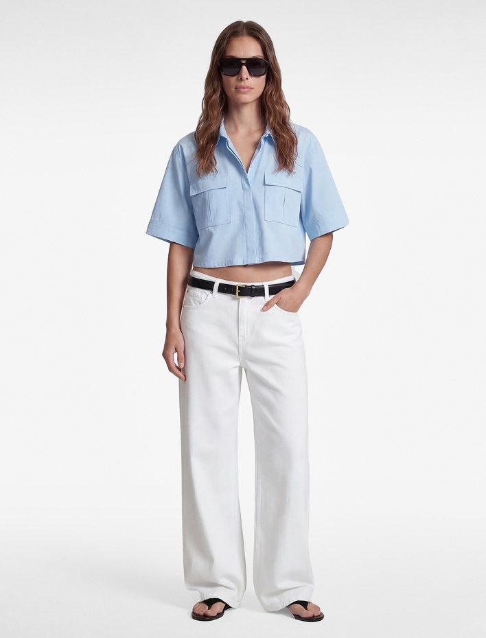  Pamuklu Kargo Cep Detaylı Kısa Kollu Oversize Crop Gömlek