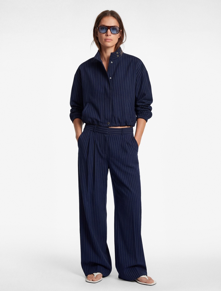  Cepli Pile Detaylı Geniş Paça Çizgili Pantolon