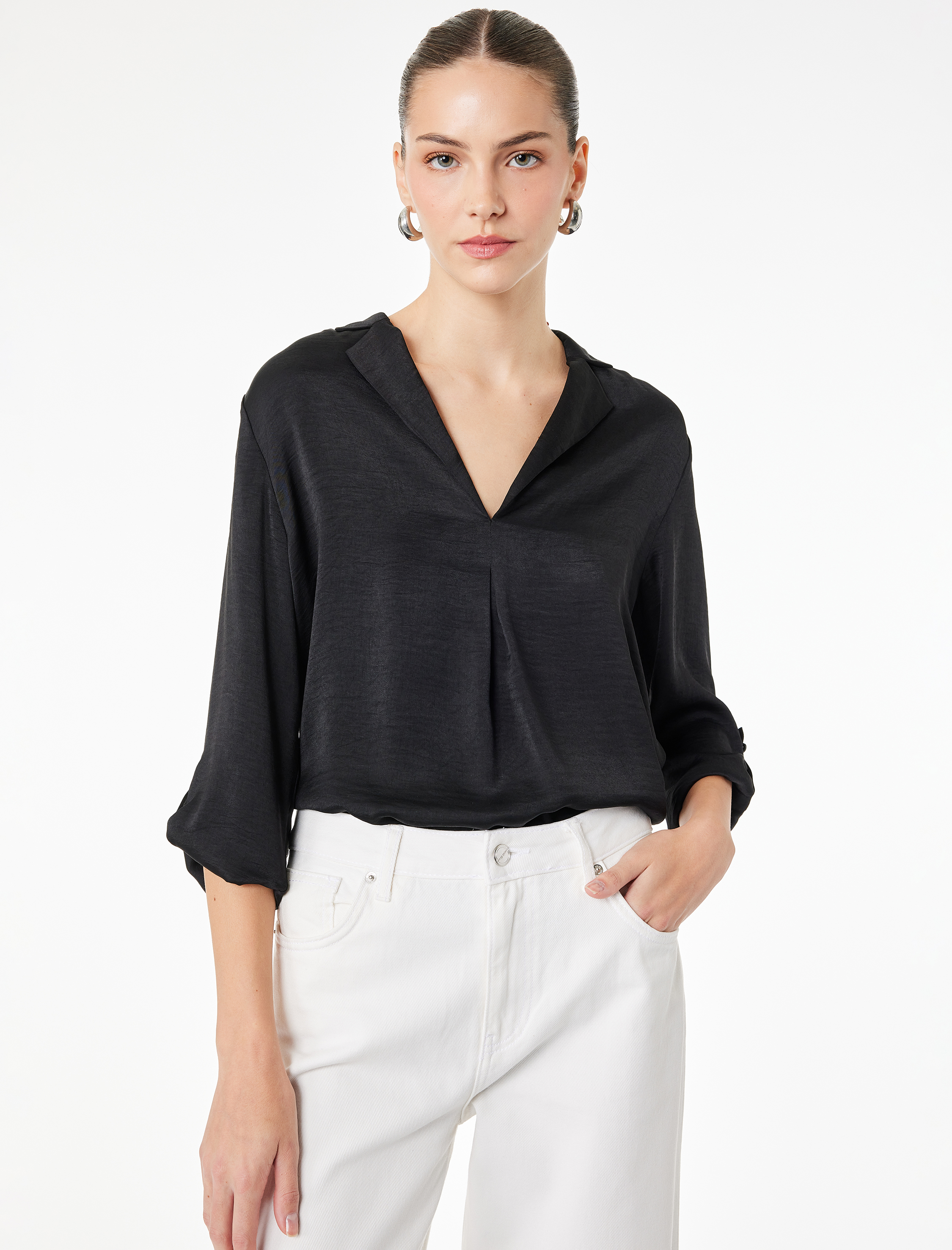   Aerobin Devrik Kaçık Yaka 3/4 Kol Saten Bluz