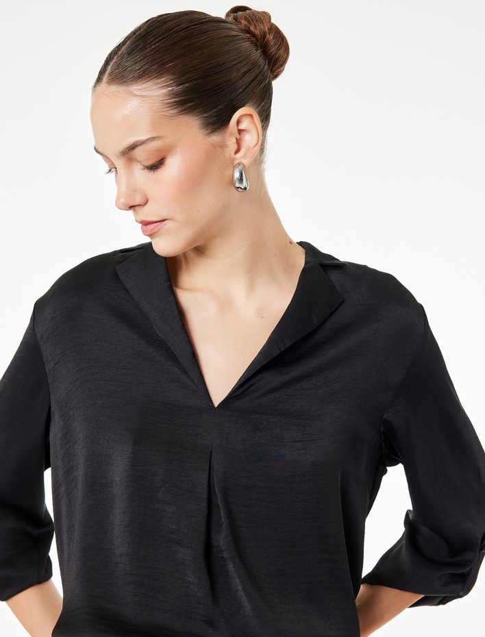  Aerobin Devrik Kaçık Yaka 3/4 Kol Saten Bluz