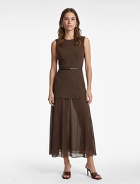 Slim Fit Bisiklet Yaka Kolsuz Kemerli Tül Detaylı Uzun Elbise