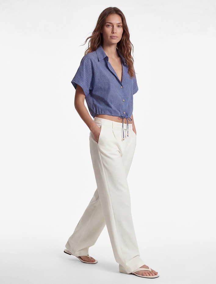  Pamuklu Düğmeli Beli Bağlama Detaylı Kısa Kollu Oversize Kareli Crop Gömlek