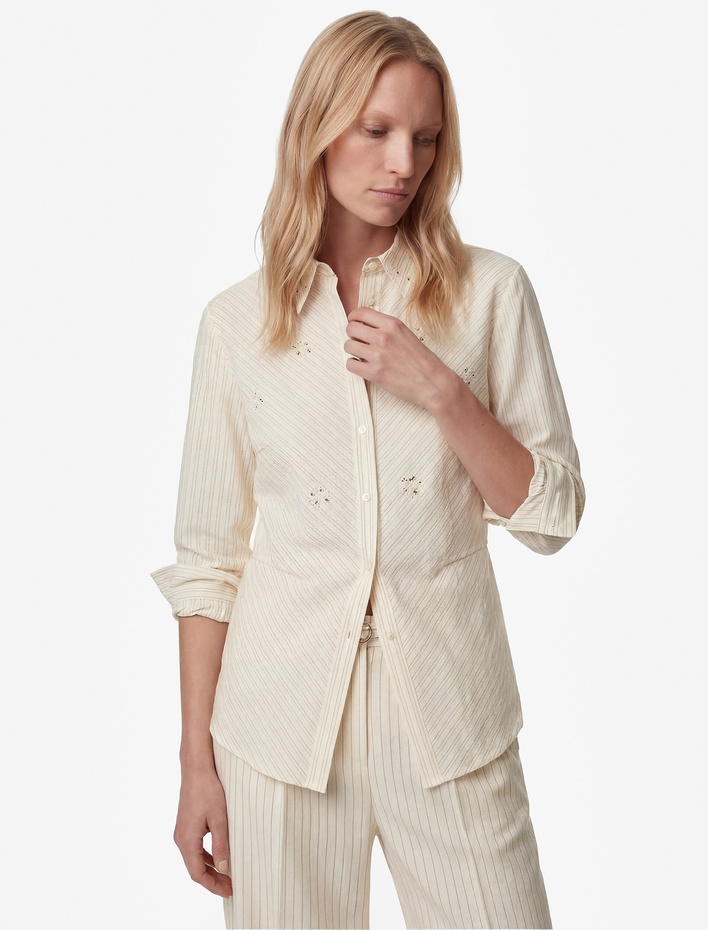  Regular Fit Uzun Kollu Klasik Yaka Çiçek Nakışlı Düğmeli Çizgili Gömlek