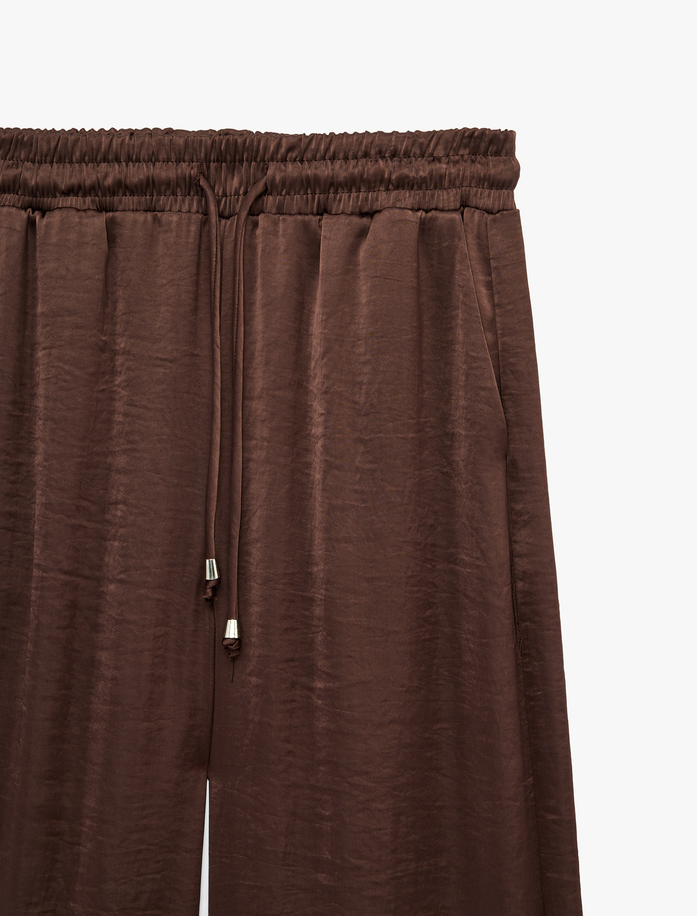   Beli Lastikli Bağlamalı Cepli Geniş Paça Saten Pantolon