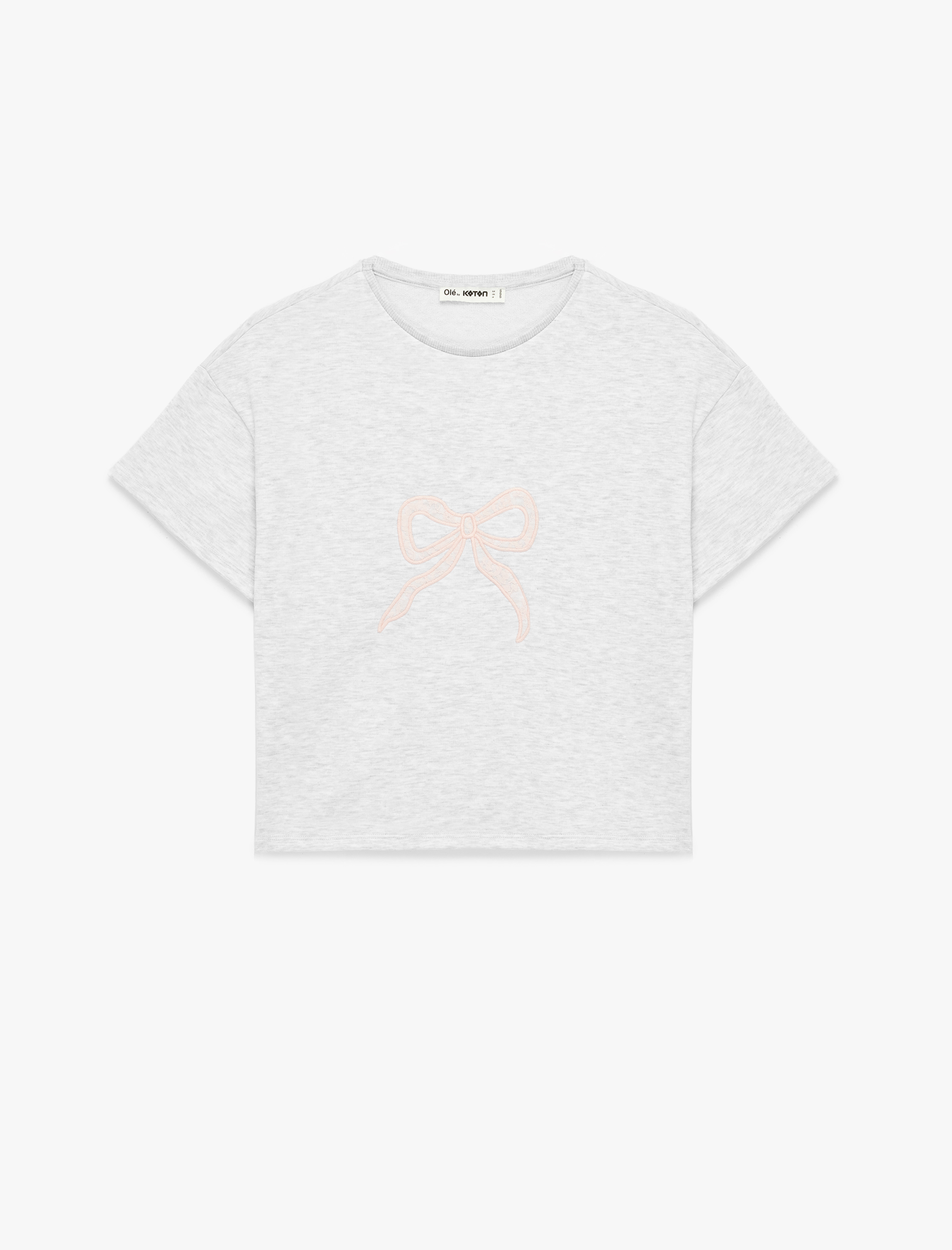   Slim Fit Kısa Kollu Bisiklet Yaka Fiyonk Nakışlı Tişört