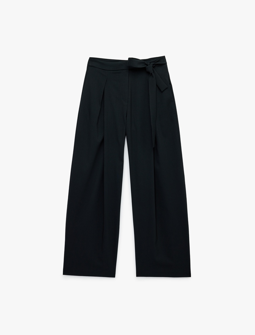 Koton Kadın Beli Bağlamalı Regular Fit Düz Paça Viskon Karışımlı Pantolon
