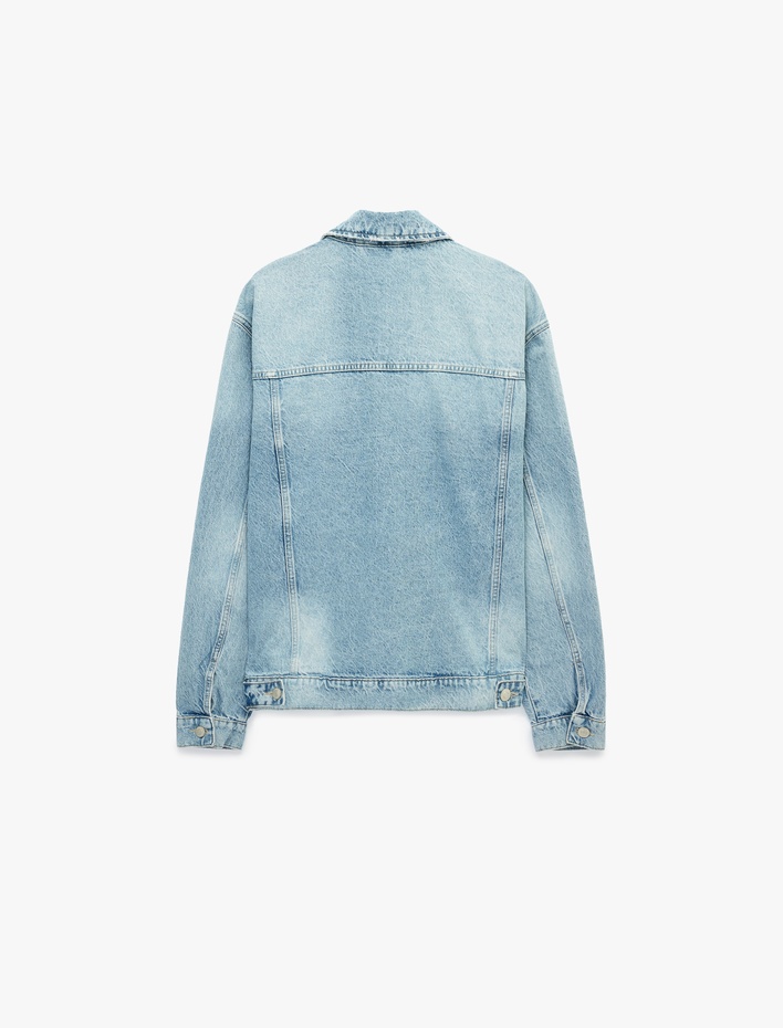  Pamuklu Uzun Kollu Kapaklı Cepli Gömlek Yaka Düğmeli Jean Ceket