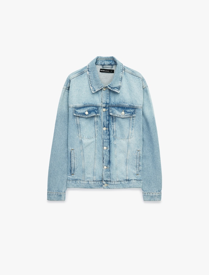  Pamuklu Uzun Kollu Kapaklı Cepli Gömlek Yaka Düğmeli Jean Ceket