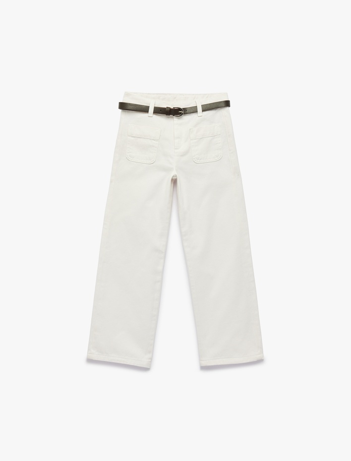 Kız Çocuk Pamuklu Cepli Bol Kesim Geniş Paça Denim Pantolon