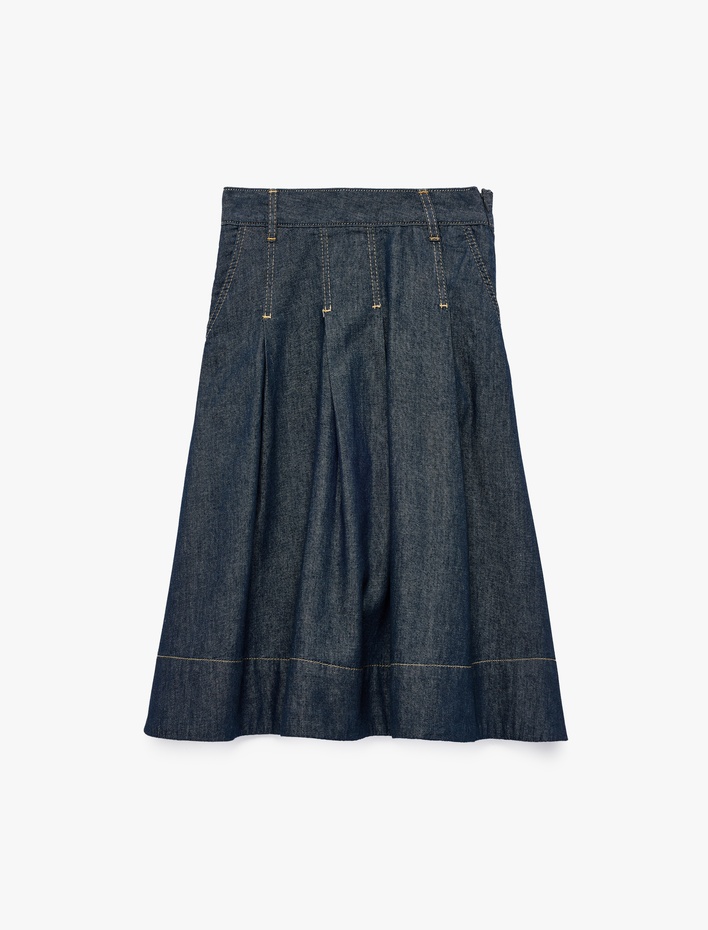 Kız Çocuk Pamuklu A Kesim Pileli Midi Denim Etek