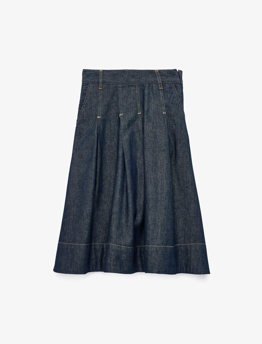 Koton Pamuklu A Kesim Pileli Midi Denim Etek