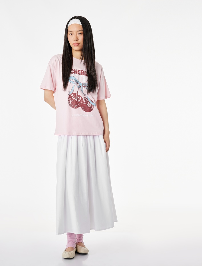  Rahat Kalıp Kısa Kollu Bisiklet Yaka Fiyonk Baskılı Tişört