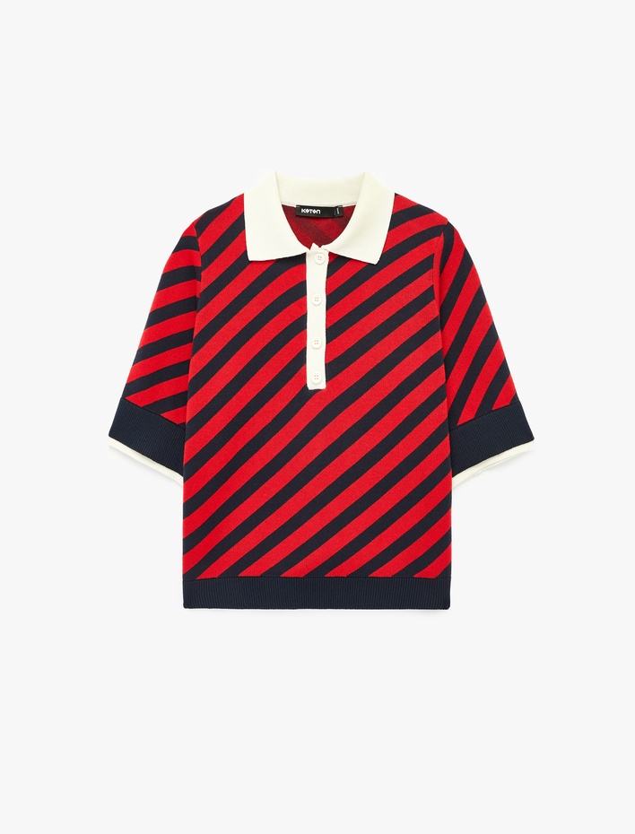  Kısa Kollu Düğmeli Polo Yaka Çizgili Triko Kazak