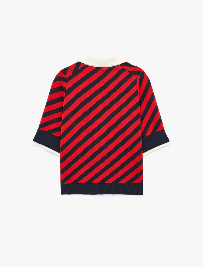  Kısa Kollu Düğmeli Polo Yaka Çizgili Triko Kazak