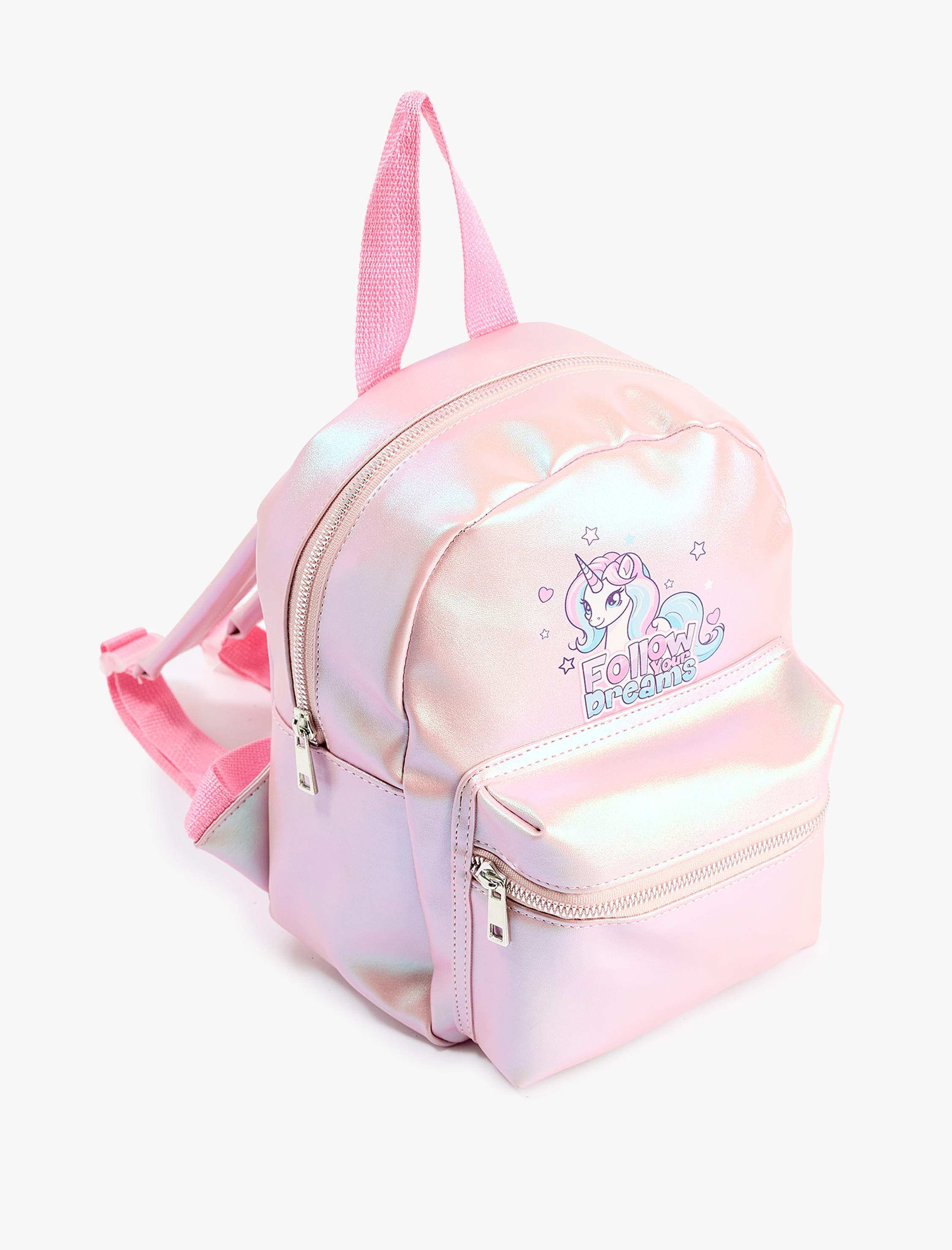  Kız Çocuk Unicorn Baskılı Fermuarlı Deri Görünümlü Sırt Çantası