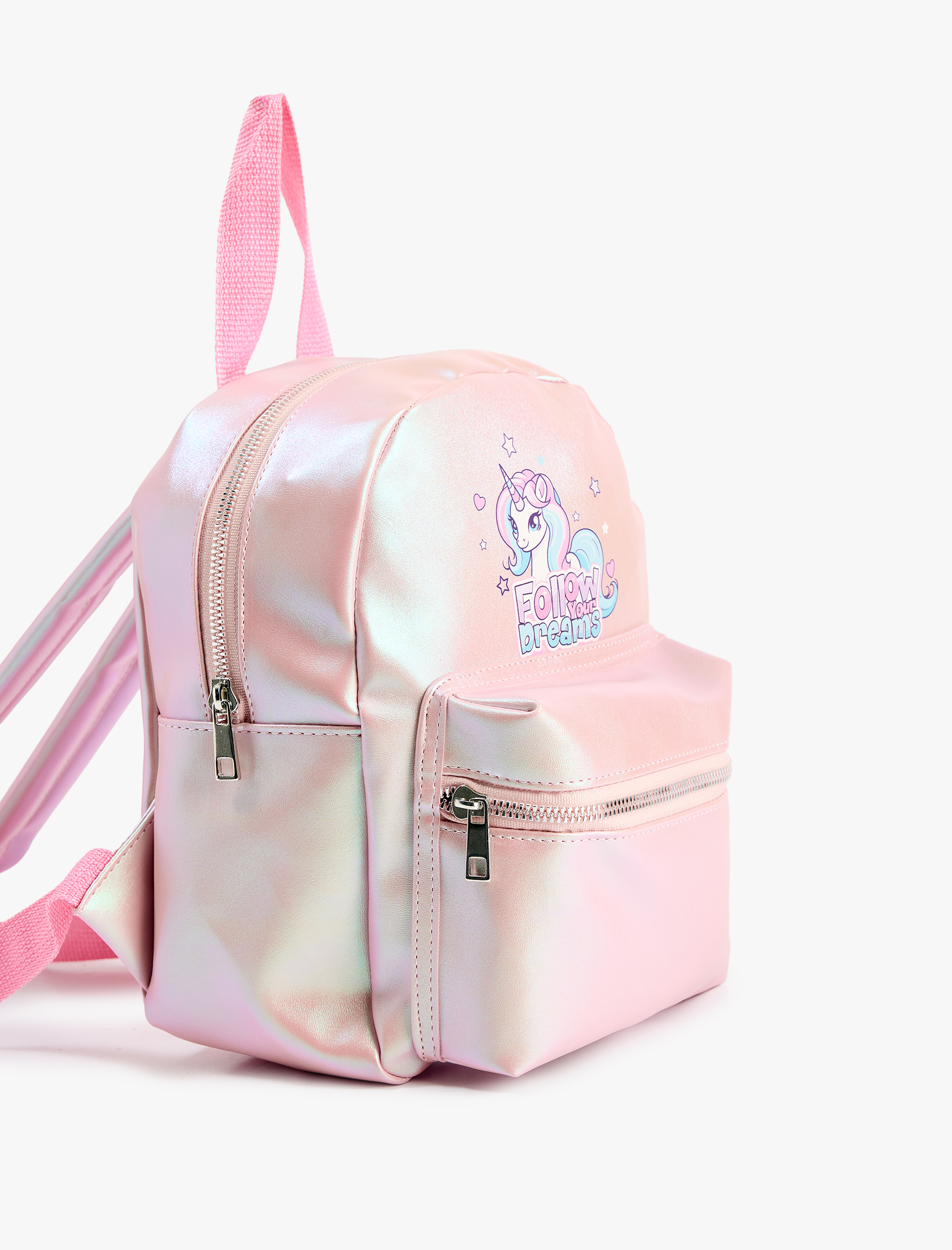  Kız Çocuk Unicorn Baskılı Fermuarlı Deri Görünümlü Sırt Çantası