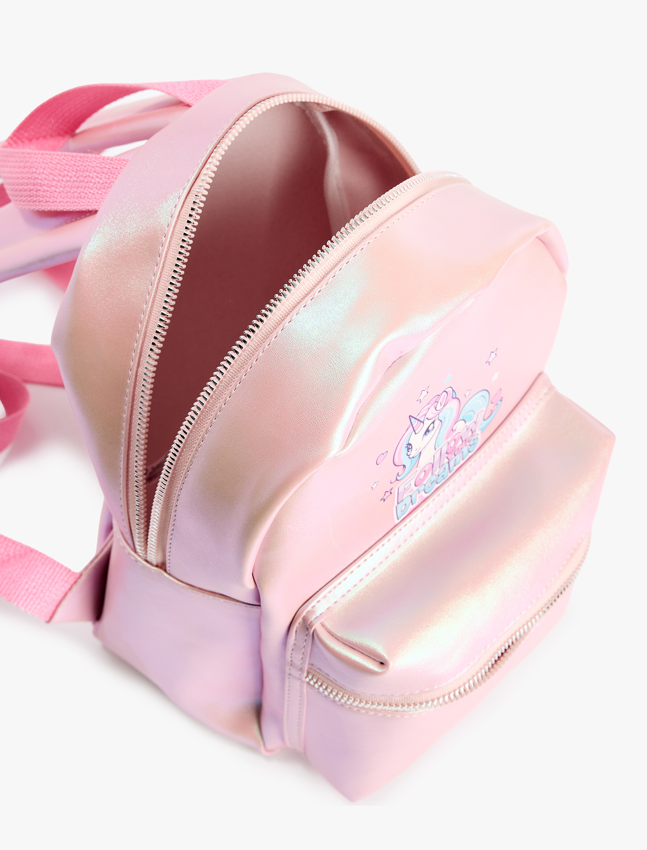  Kız Çocuk Unicorn Baskılı Fermuarlı Deri Görünümlü Sırt Çantası