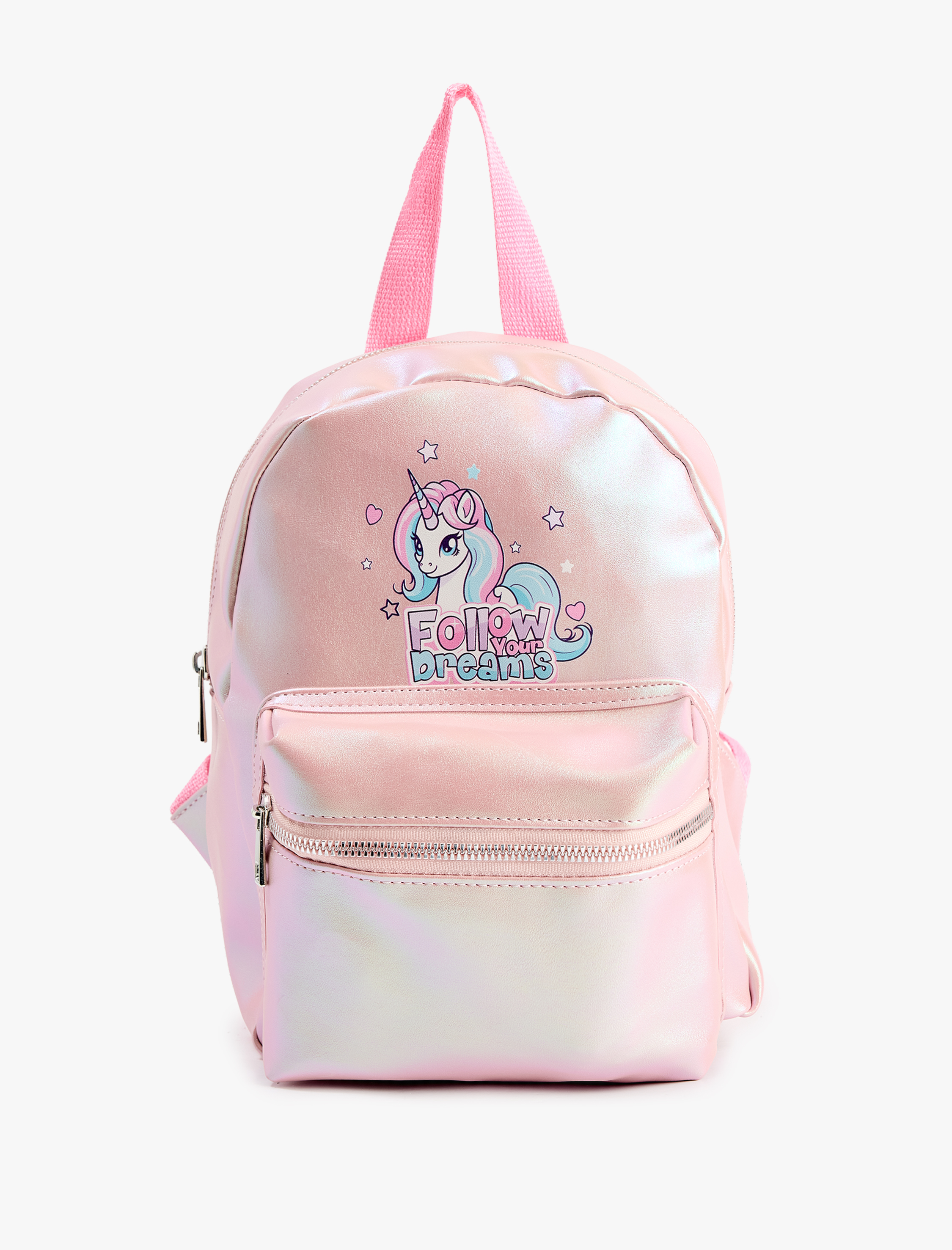  Kız Çocuk Unicorn Baskılı Fermuarlı Deri Görünümlü Sırt Çantası