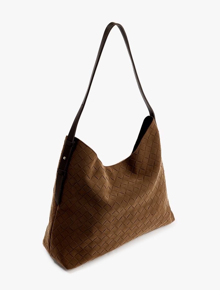 Kadın Suni Süet Örgü Desenli Saplı Hobo Çanta