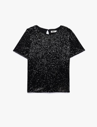 Kısa Kollu Bisiklet Yaka Pullu Payetli Abiye Bluz