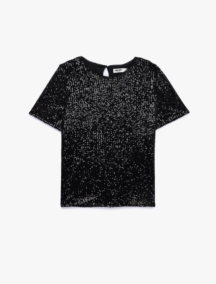  Kısa Kollu Bisiklet Yaka Pullu Payetli Abiye Bluz