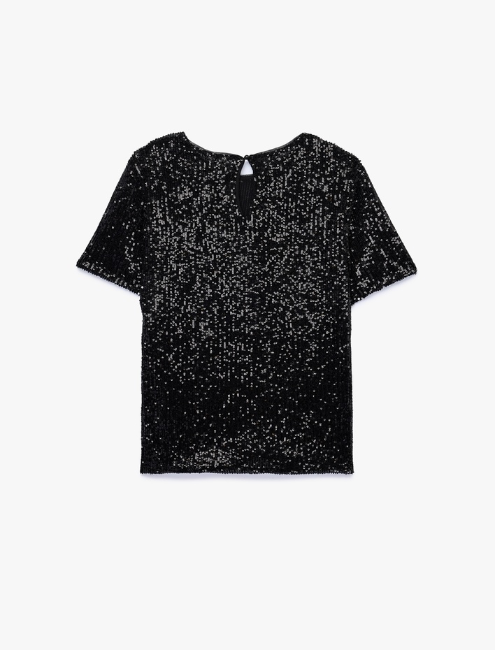  Kısa Kollu Bisiklet Yaka Pullu Payetli Abiye Bluz