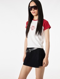 Pamuklu Slim Fit Kısa Kollu Bisiklet Yaka Baskılı Crop Tişört