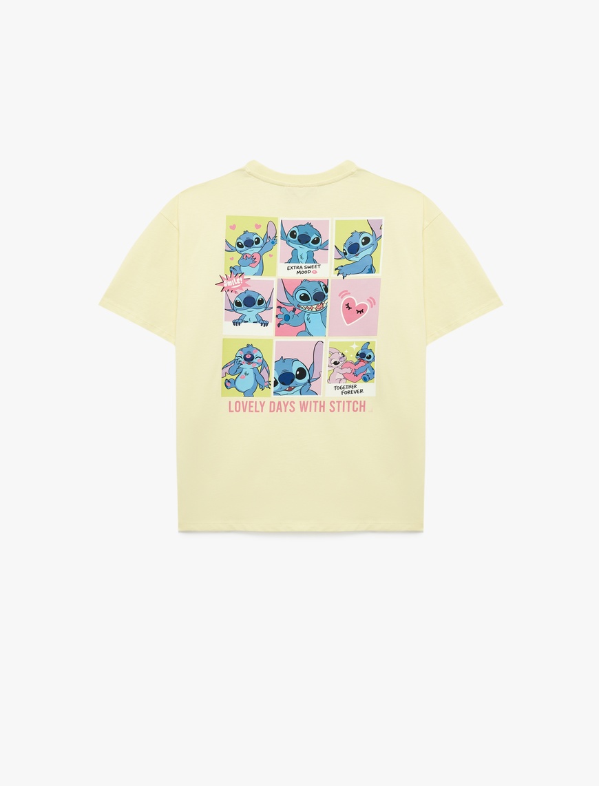 Sarı Kız Çocuk Stitch Baskılı Kısa Kollu Bisiklet Yaka Pamuklu