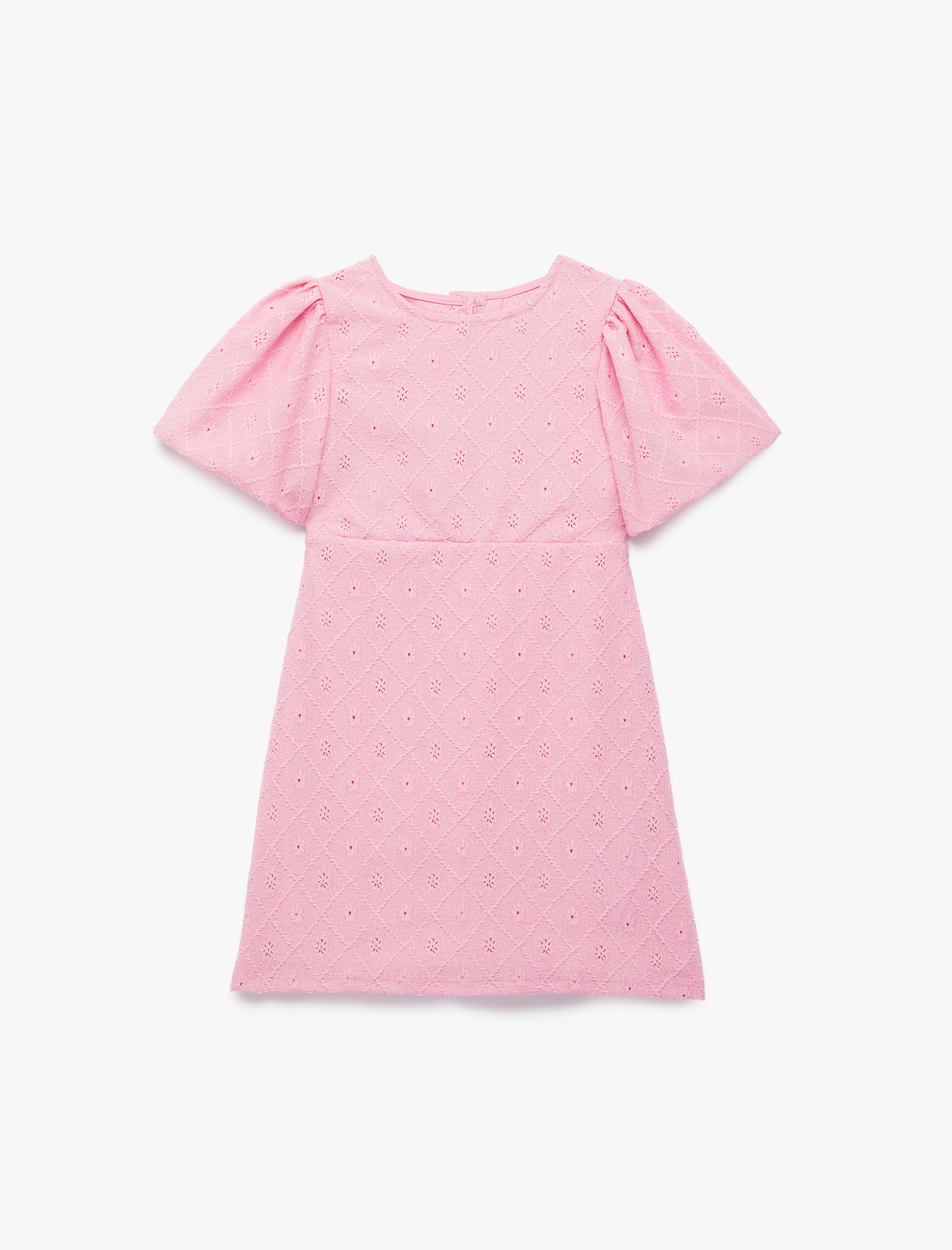  Kız Çocuk Fiyonklu Pencere Detaylı Kısa Kollu Bisiklet Yaka Brodeli Elbise