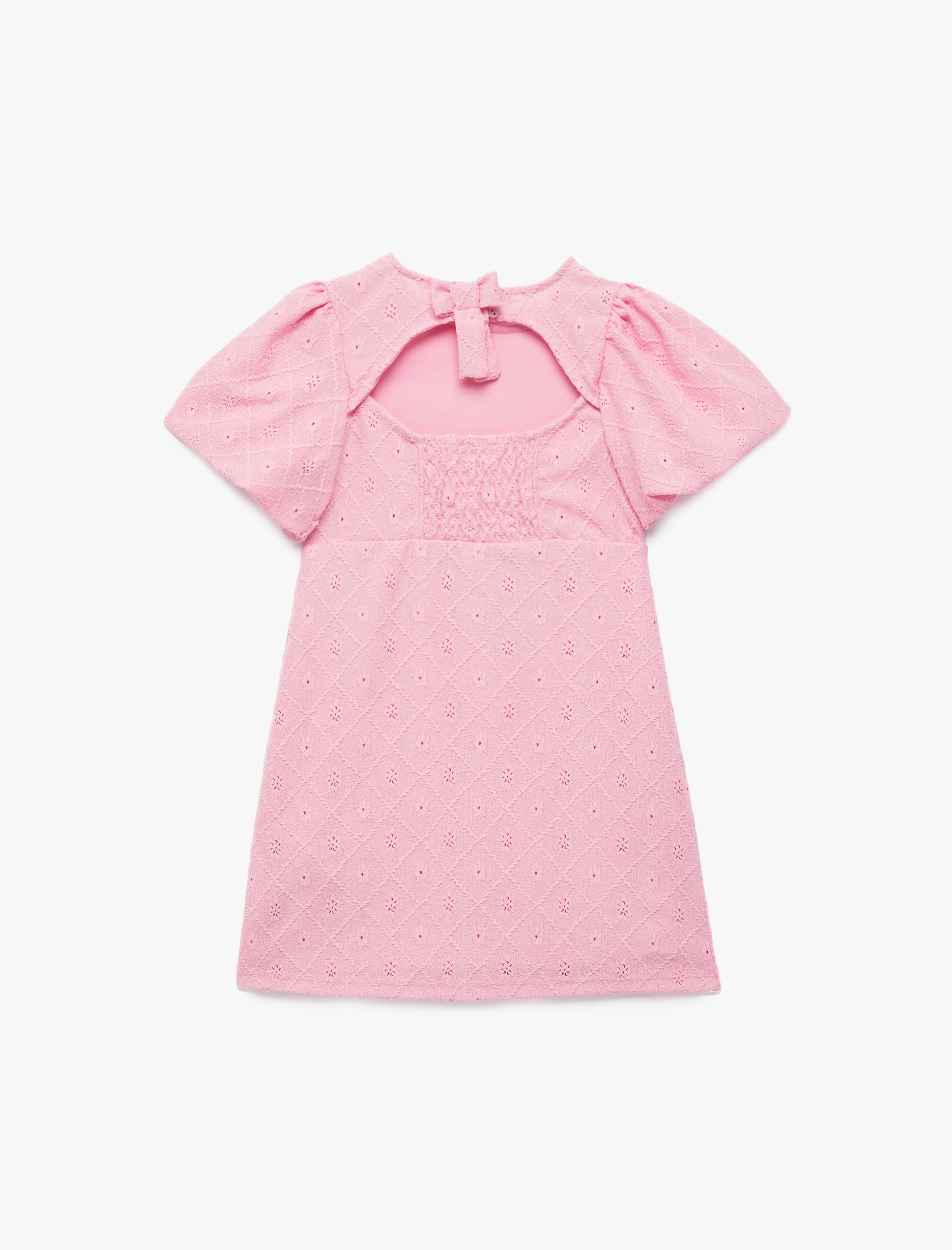  Kız Çocuk Fiyonklu Pencere Detaylı Kısa Kollu Bisiklet Yaka Brodeli Elbise