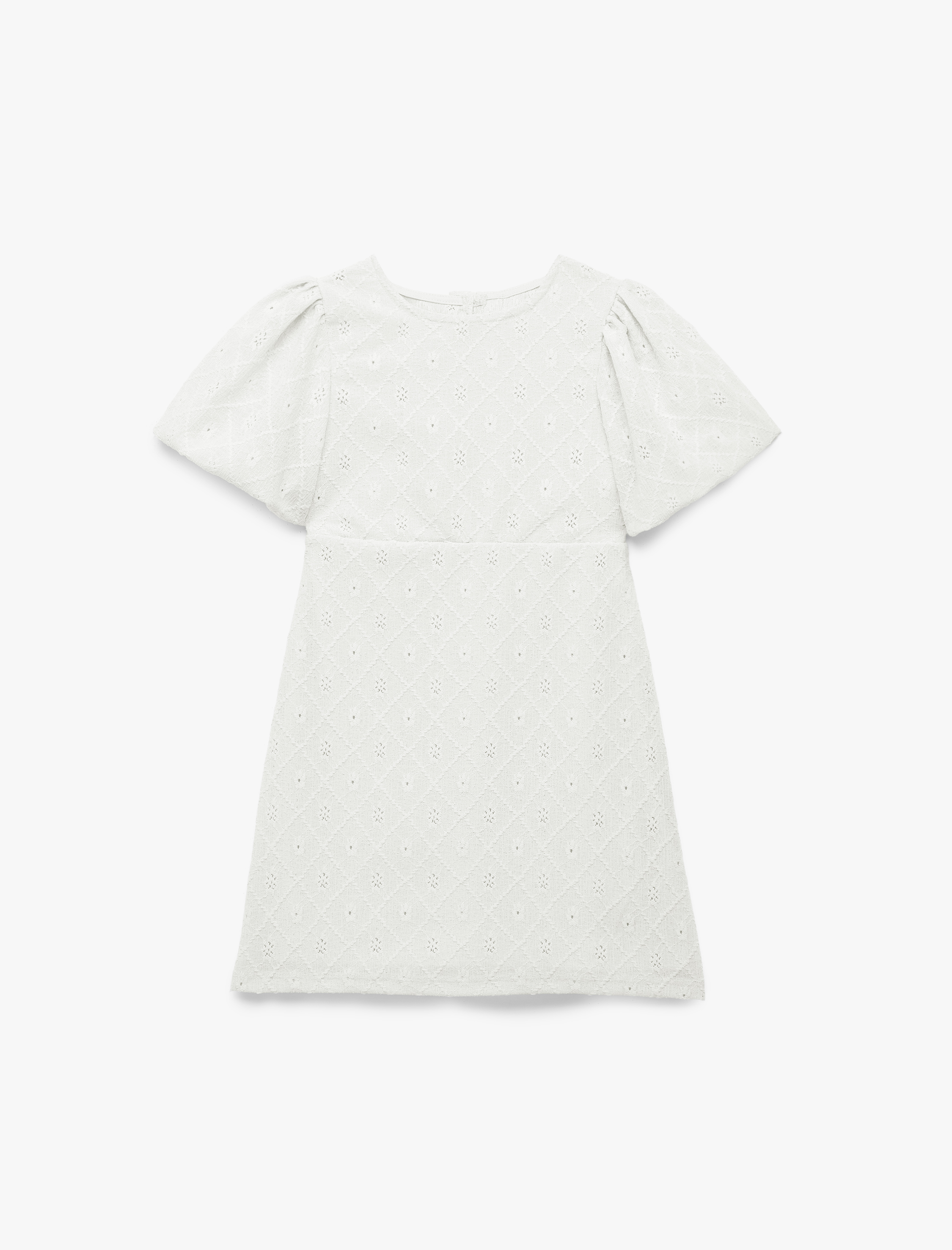  Kız Çocuk Fiyonklu Pencere Detaylı Kısa Kollu Bisiklet Yaka Brodeli Elbise