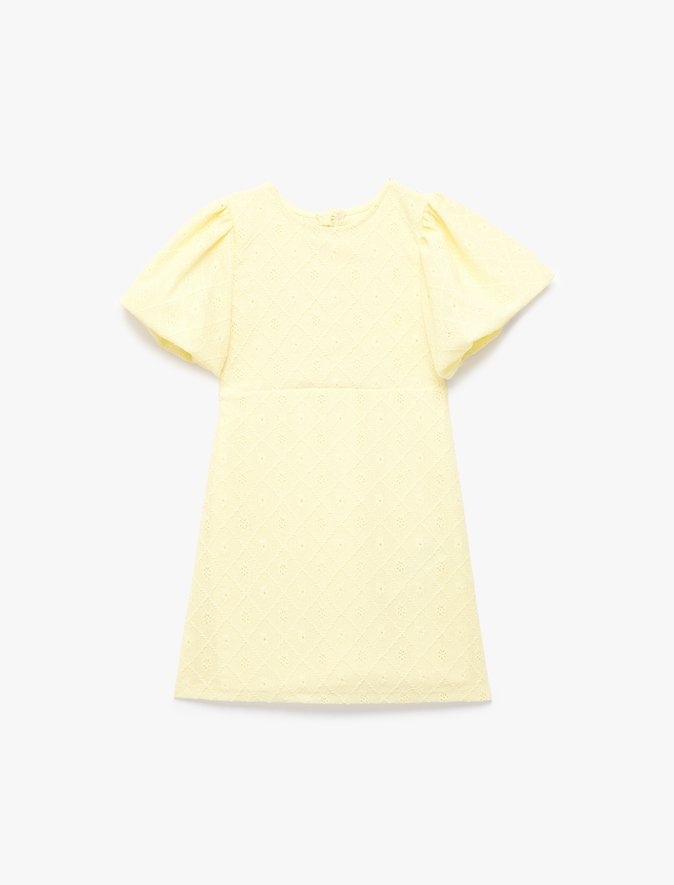  Kız Çocuk Fiyonklu Pencere Detaylı Kısa Kollu Bisiklet Yaka Brodeli Elbise