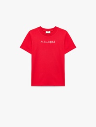 Pamuklu Bisiklet Yaka Kısa Kollu Baskılı Tişört