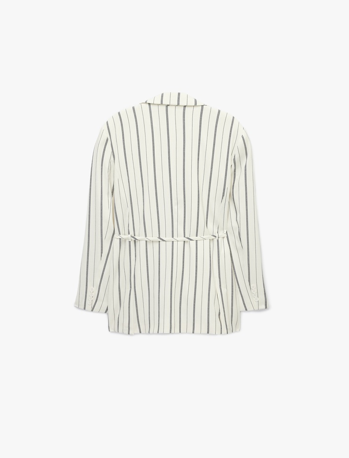  Uzun Kollu Cepli Beli Bağlama Detaylı Çizgili Blazer Ceket