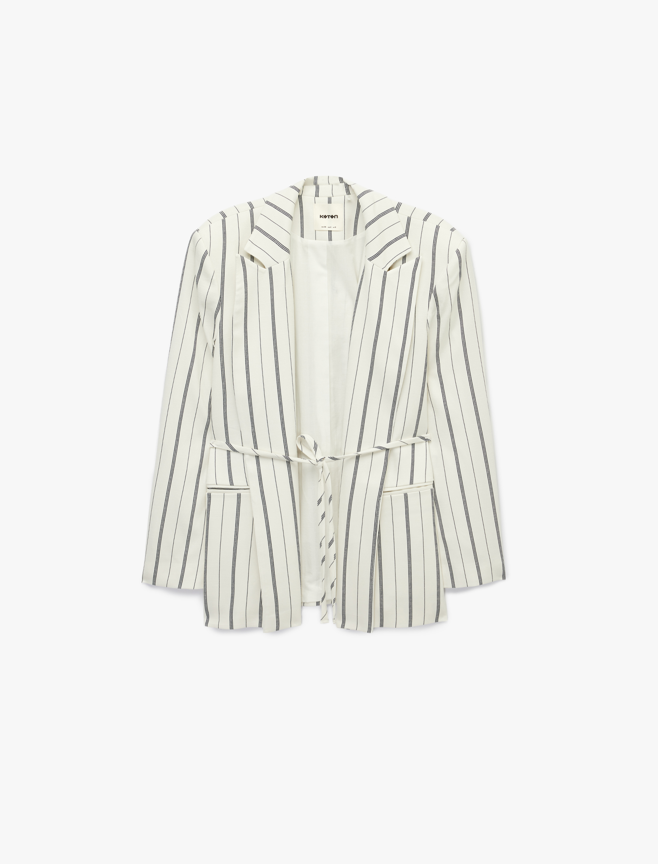   Uzun Kollu Cepli Beli Bağlama Detaylı Çizgili Blazer Ceket