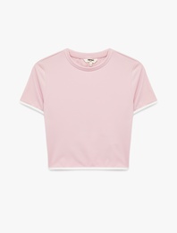 Slim Fit Biyeli Kısa Kollu Bisiklet Yaka Crop Spor Tişört